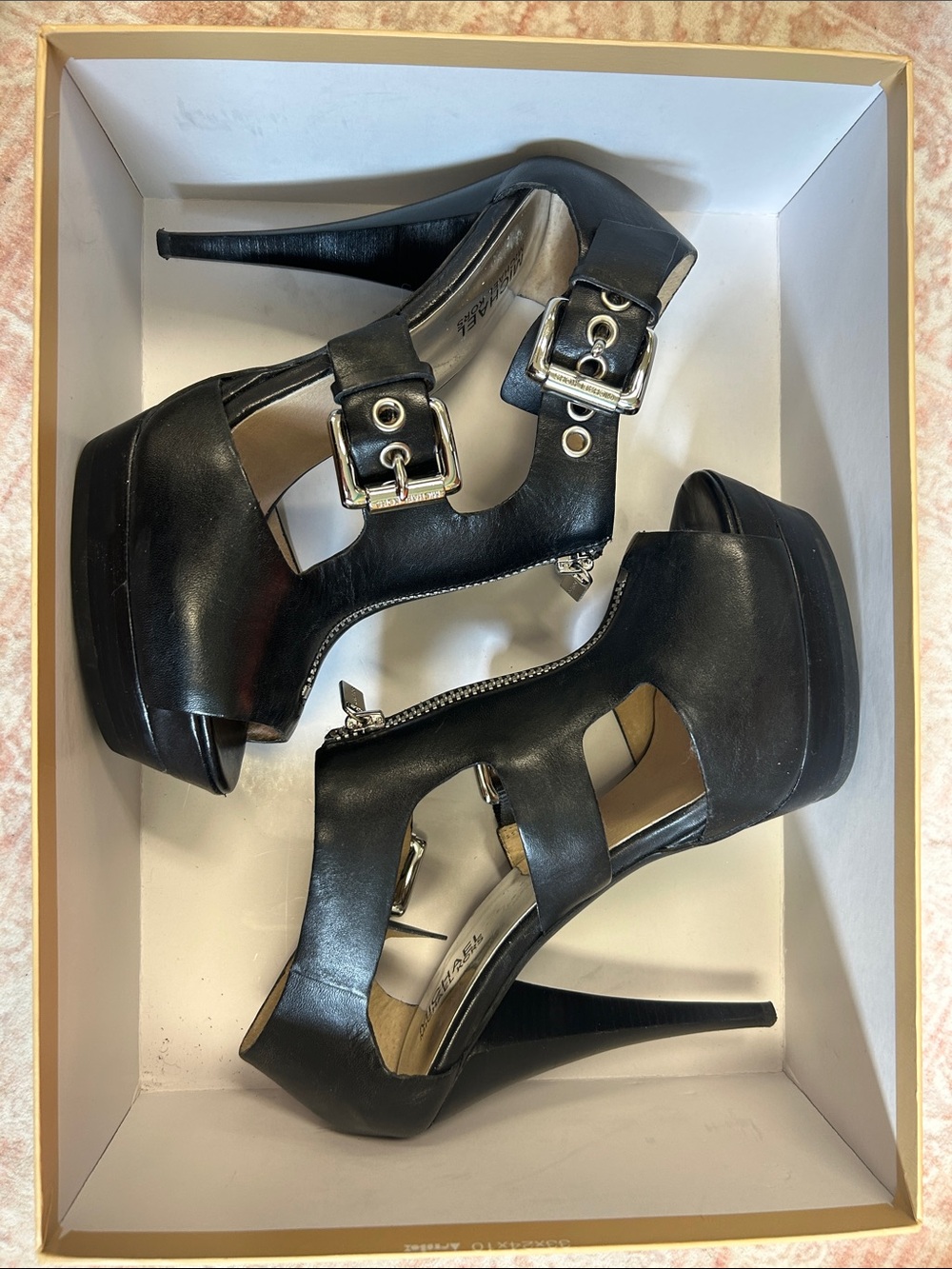 EUC Michael Kors Black Leather Cutout Peep-Toe Heels with Front Zipper - Picture 3 of 5